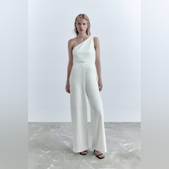 Zara Pants - Zara jumpsuit white asymmetric wide leg wedding shower party